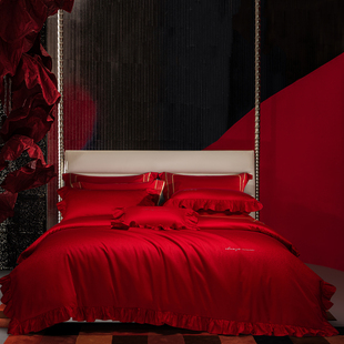 悠仙居轻奢高级感结婚四件套140支红色婚庆床单被套婚礼床上用品