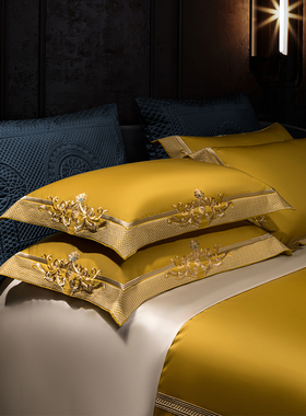 欧式奢华纯色黄色五星级酒店140支长绒棉全棉床上四件套软装床单