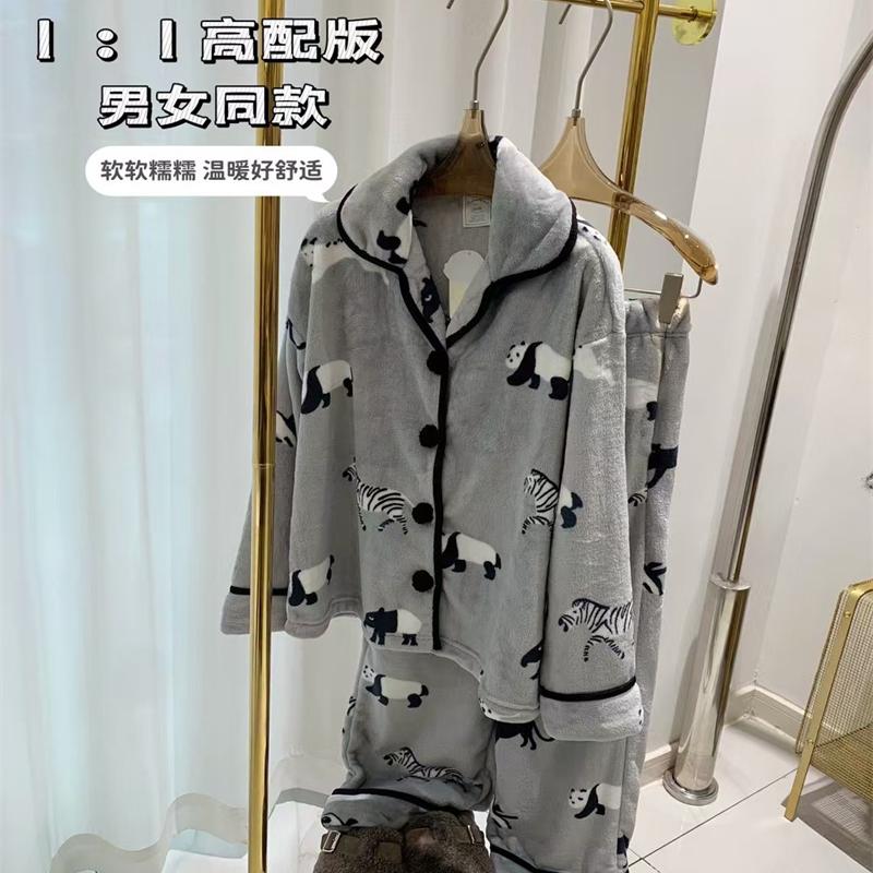 卡通动物情侣法兰绒睡衣男女同款可外穿秋冬款加厚家居服套装冬天
