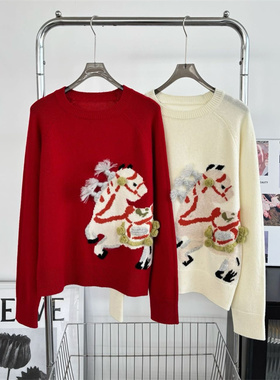女神同款！ED家新年红色小马提花纯羊毛针织衫圆领套头毛衣上衣女