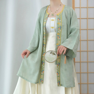 福鹿记[翠鸢]圆领衫竖领褂子明制汉服立领半袖衫暗纹提花天丝亚麻