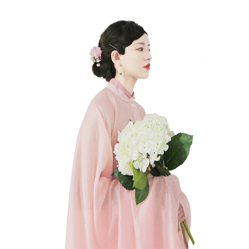 福鹿记[酡颜]长衫天丝麻竖领对襟明制汉服粉色立领纱衫披风非古装