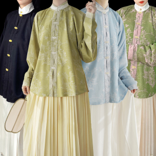 福鹿记[璀玥]短袄猫眼石黄海蓝明制竖领对襟弓袋袖短袄醋酸提花缎