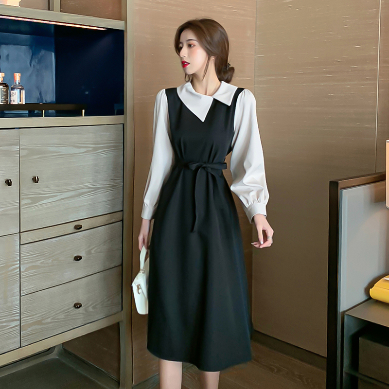 Women's autumn and winter new Korean waist black dress
