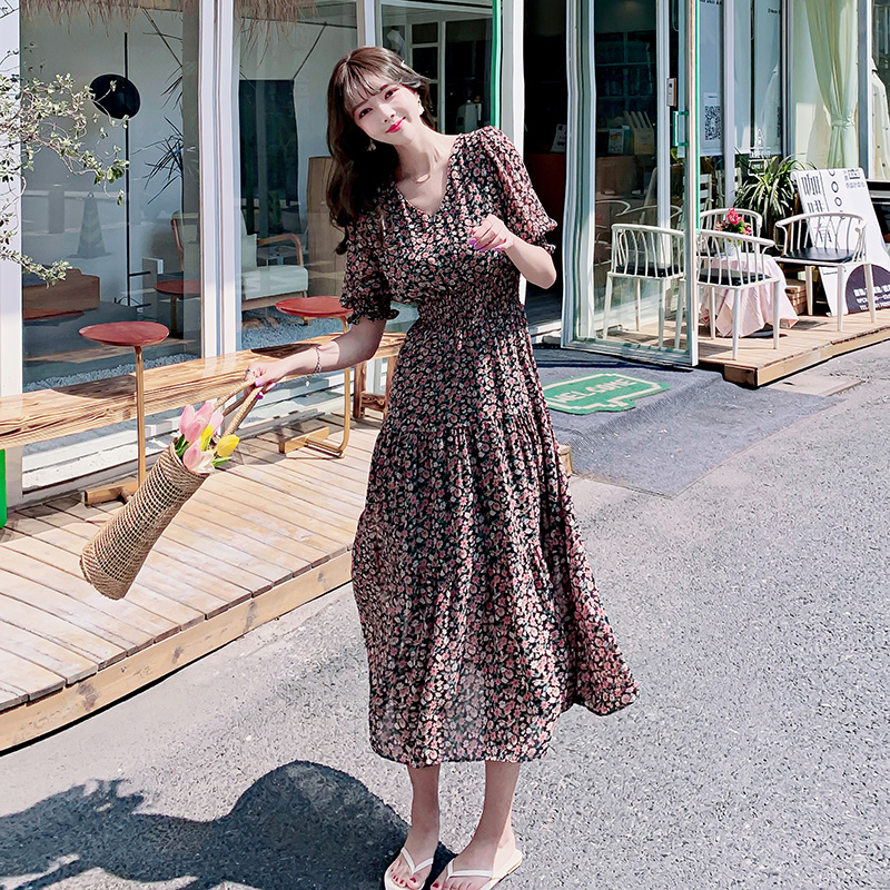 Floral Chiffon dress women's summer 2021 new French retro waist slim Platycodon skirt