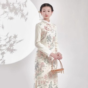 茶艺师2025秋冬新款中式奥黛旗袍毛呢茶服年轻修身连衣裙加绒花裙