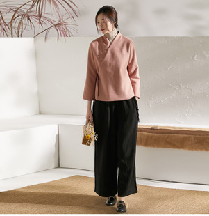 中式改良汉服秋冬款少女茶艺师服装禅意复古短毛呢外套禅修服上衣