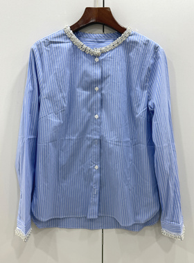L68828 欧洲站2026春新款时尚法式高级感圆领钉珠竖条纹长袖衬衫