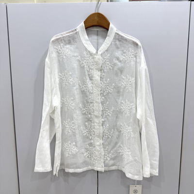 韵芭莎8052欧洲站2026春时尚立领重工刺绣花微透100苎麻衬衫上衣