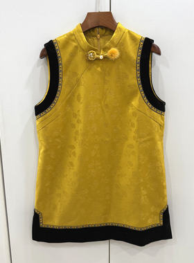 19759-HLS26欧洲站26春订花毛球盘扣立领丝绒包边提花国风背心裙