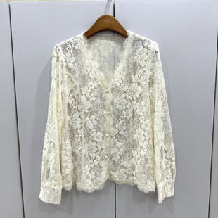 MX26078欧洲站2026春洋气V领单排扣轻奢蕾丝拼网纱微透上衣小衫女