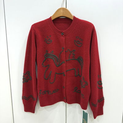 155-6316 欧洲站2025冬新款小马提花刺绣新年红色软糯针织开衫