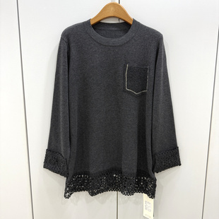 慵懒风圆领镂空钩花蕾丝拼接羊毛针织衫 2558欧洲站2025冬新款