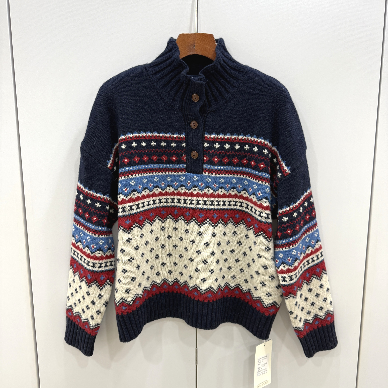 653-62062 欧洲站2025冬新款立领半开扣拼色几何图案羊毛针织衫