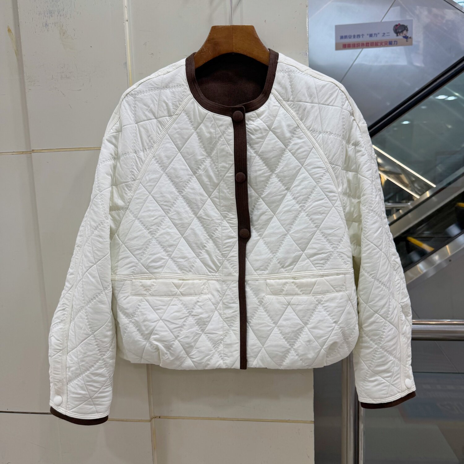 DZ650Q105 欧货时尚百搭拼色吸铁石扣菱形格轻便棉衣短外套秋冬女