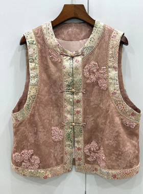 72097欧洲站2026春重工立体刺绣花盘扣圆领复古轻奢国风人丝马甲