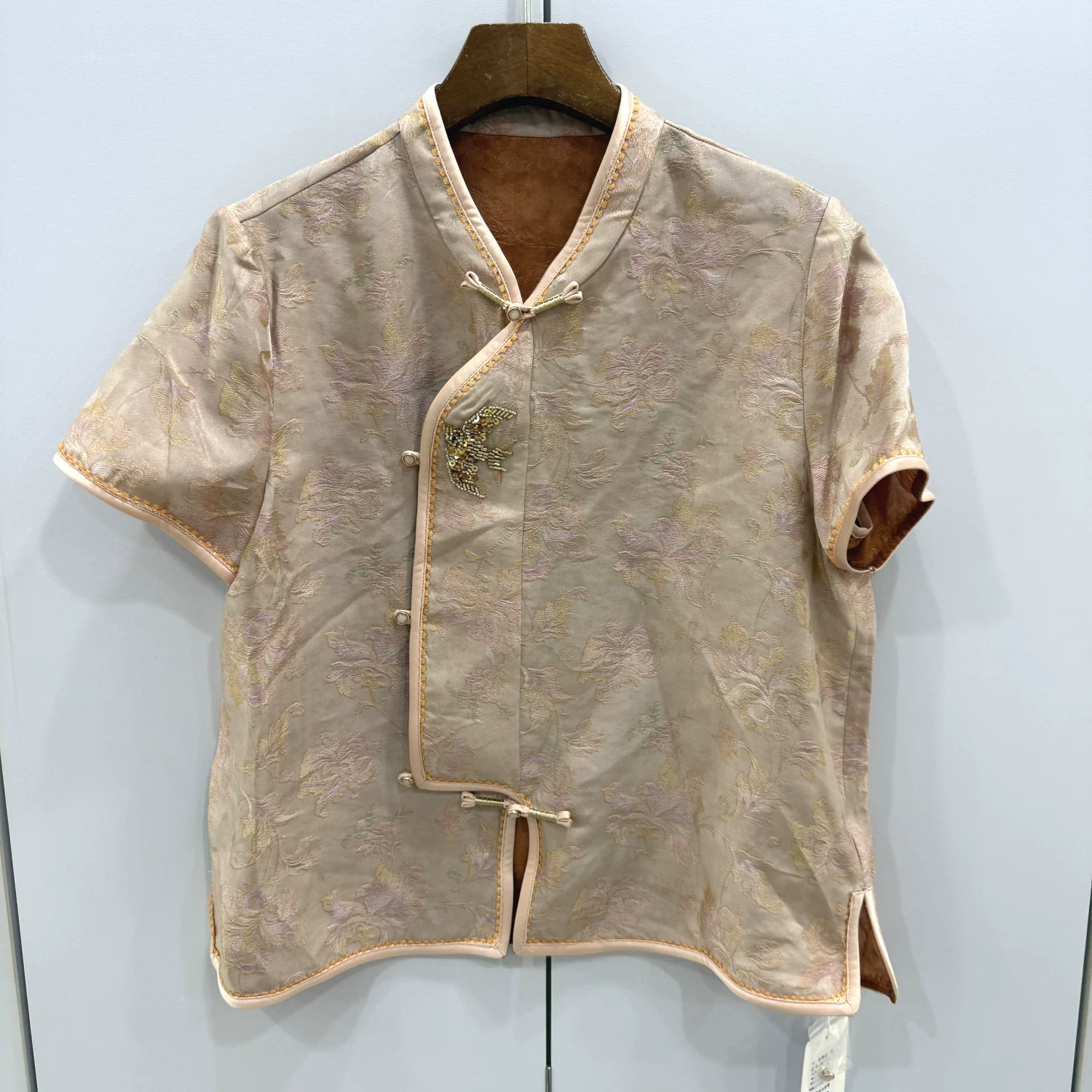 96177-2 欧洲站串珠燕子刺绣斜门禁盘扣立领桑蚕丝香云纱国风衬衫