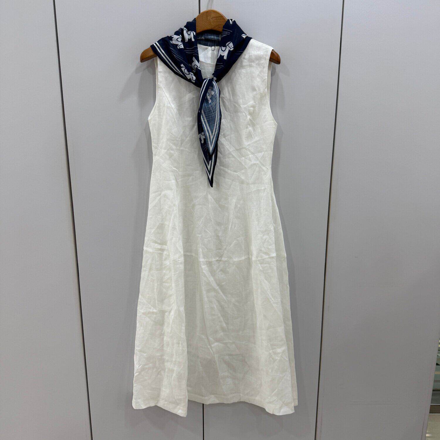 6090 欧洲站26夏复古花色丝巾围脖领高腰显瘦无袖亚麻长款连衣裙