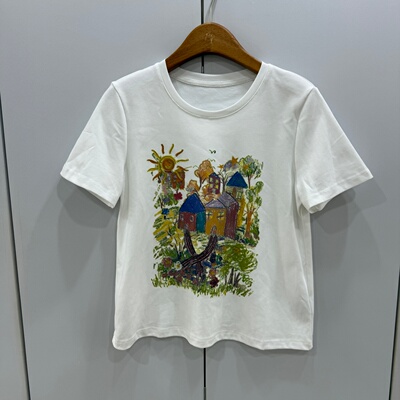 68877欧洲站2026夏时尚圆领卡通彩墨小房子印花减龄打底短袖T恤女