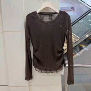 88091 后背性感提花蕾丝拼接圆领皱褶修身网布T恤小衫上衣欧货秋