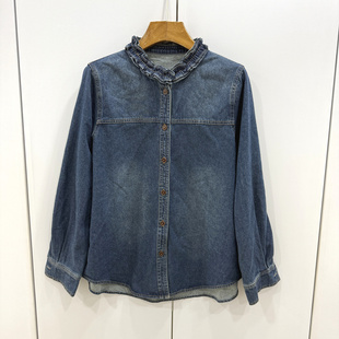 JD629欧洲站26春荷叶木耳花边领单排扣复古减龄百搭牛仔衬衫 上衣