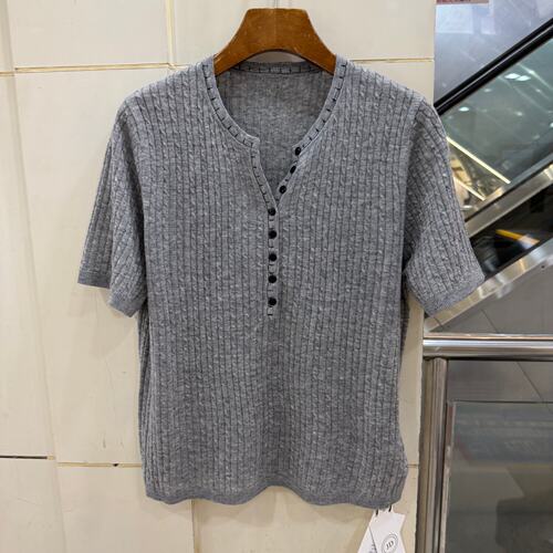 655-6808 欧洲站压明线多粒扣鸡心领麻花纹短袖羊毛针织衫上衣秋