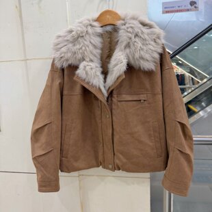650 欧货时尚大狐狸毛领鹿皮绒派克服鹅绒羽绒服皮草外套2026冬