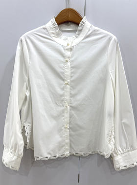 68763欧洲站2026春时尚木耳边立领单排扣百搭显瘦天丝棉衬衫上衣