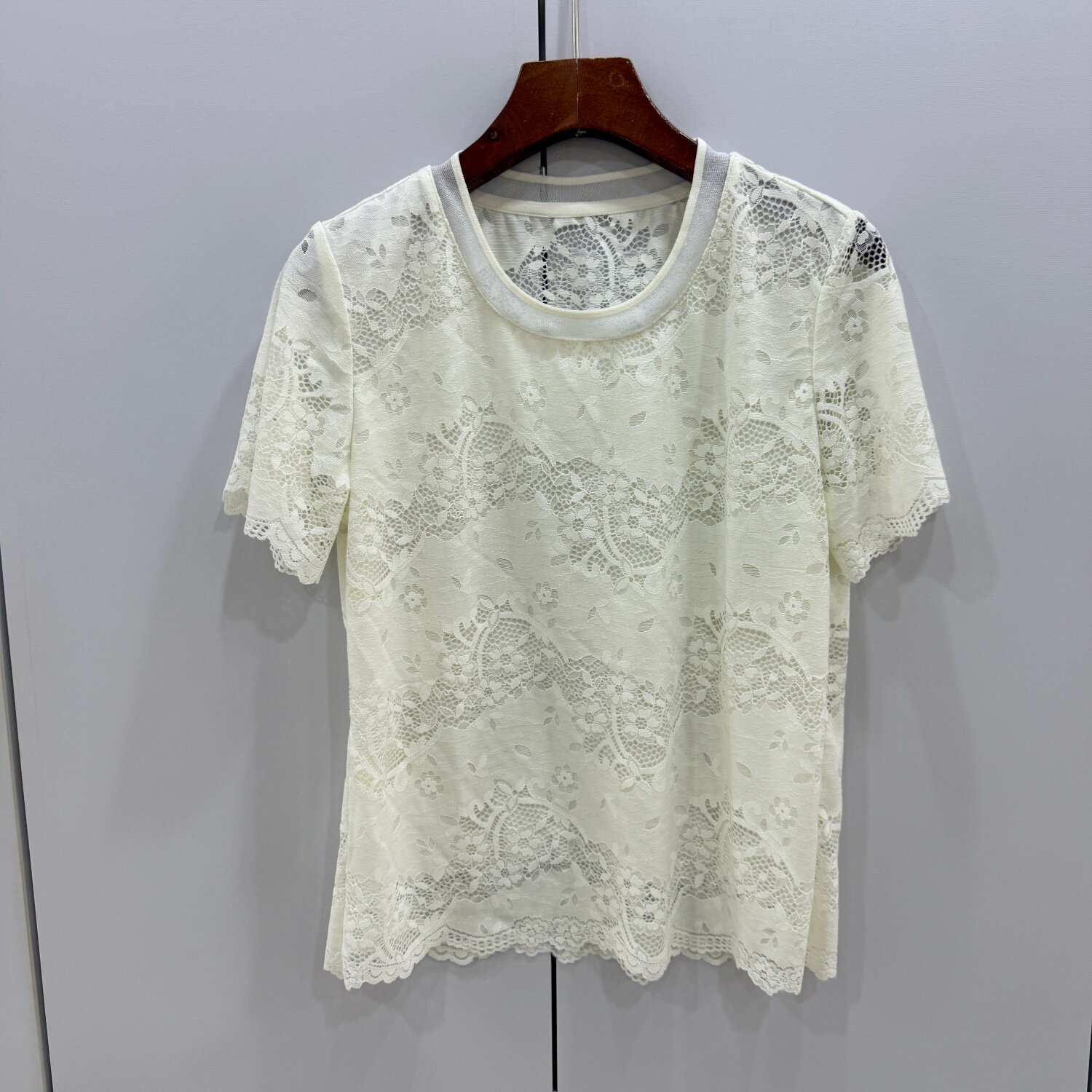 936135欧货26春夏时尚圆领性感透视修身显瘦百搭蕾丝短袖上衣小衫