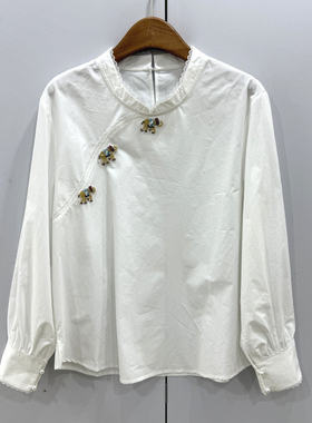 26667欧洲站26春国风复古优雅气质轻奢卡通烫钻盘扣宽松衬衫小衫