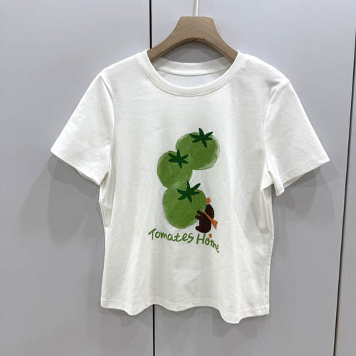 85176欧洲站2026春夏时尚卡通番茄字母印花减龄修身百搭短袖T恤女