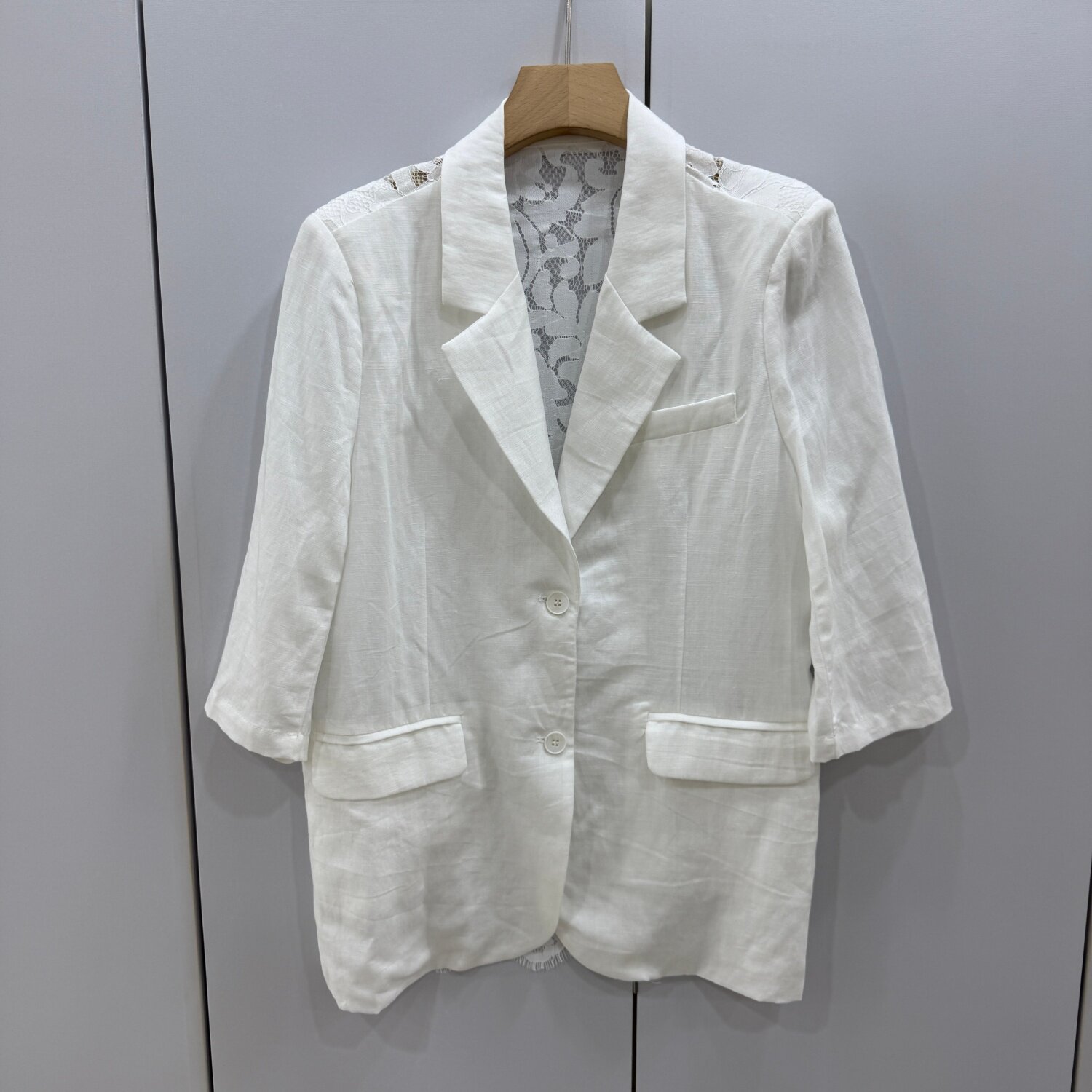 88013欧货后背透视蕾丝拼接系带收腰两粒扣七分袖薄款西装外套夏