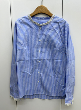 L68828欧洲站2026春重工串珠亮片圆领竖条纹休闲减龄棉布衬衣小衫