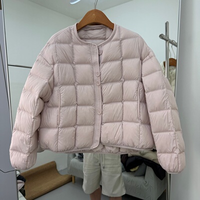 88021欧货韩版短款轻薄羽绒服女圆领豆腐块绗线90鸭绒泡芙外套冬