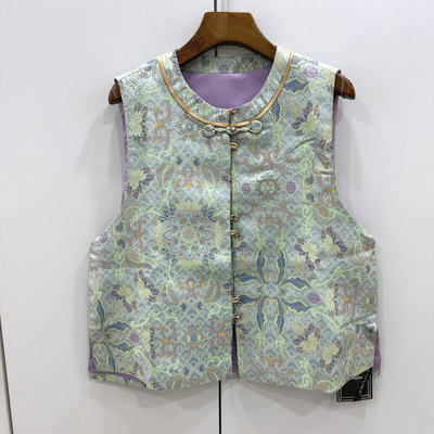 9961欧洲站26春时尚圆领盘扣复古圈圈花人丝提花国风显瘦马甲外套