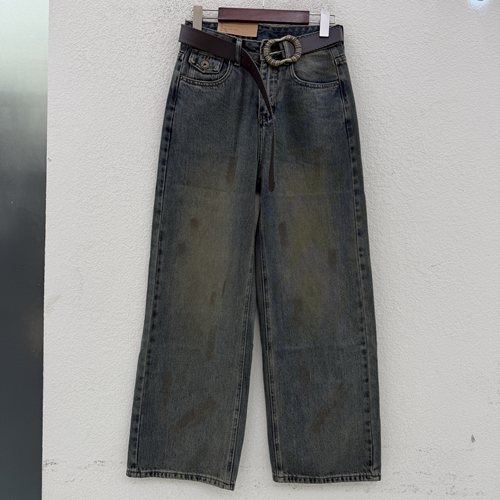 2026秋款JEANS红提子19130牛仔裤女高腰水洗涂鸦脏脏灰直筒拖地裤