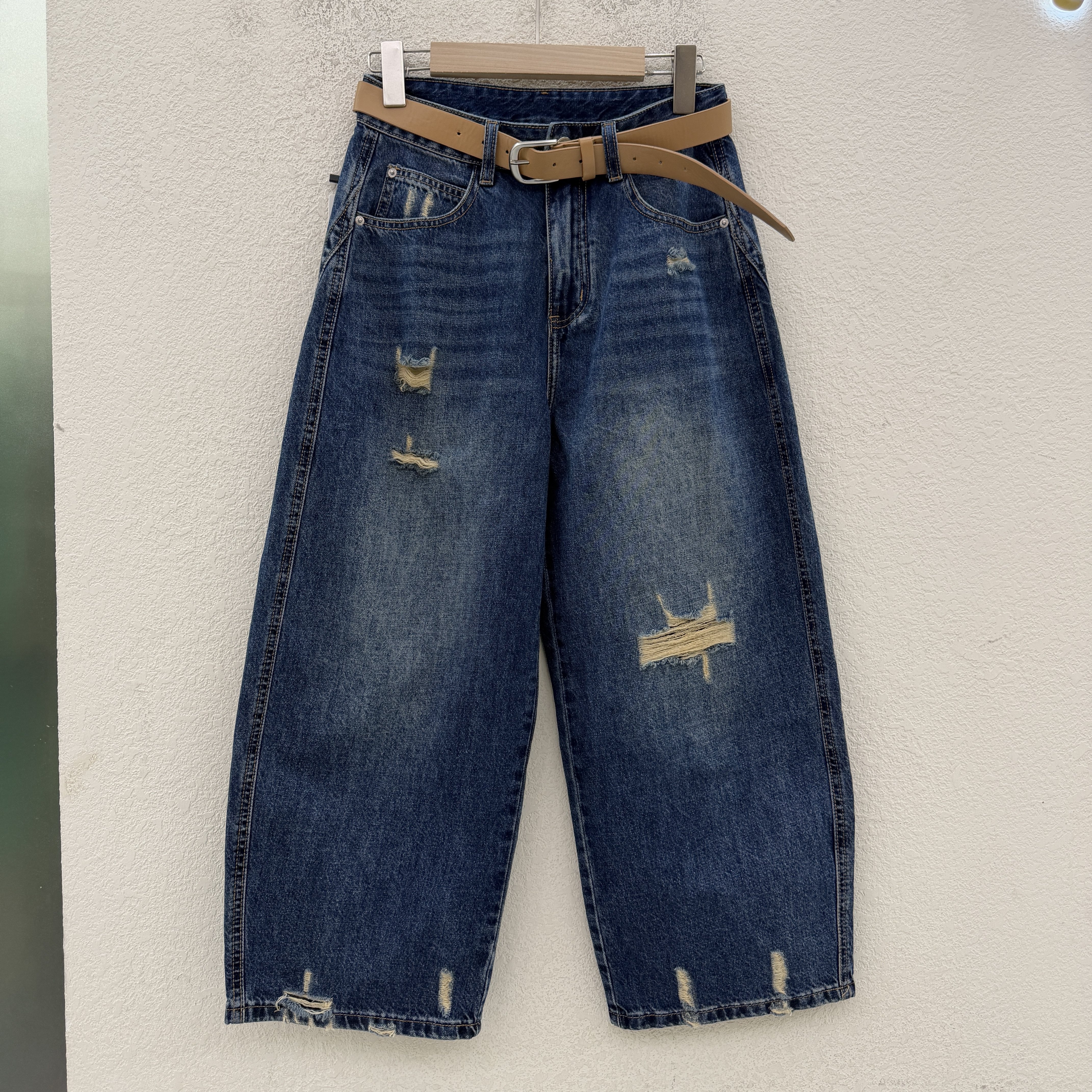 JEANS佐拿 芭度玄风9712欧货破洞九分弯刀裤高腰宽松女牛仔裤薄款
