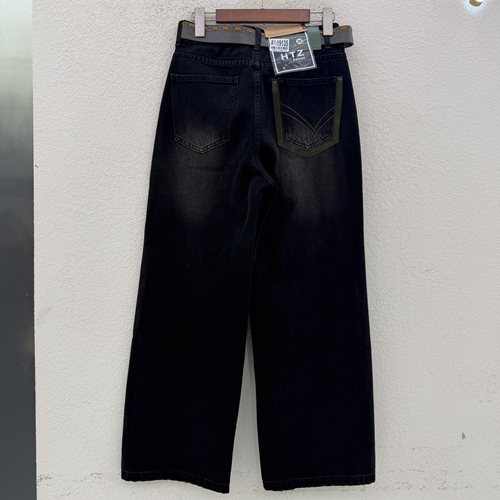 JEANS红提子19135牛仔裤女高腰水洗黑灰色撞色直筒阔腿裤2026秋