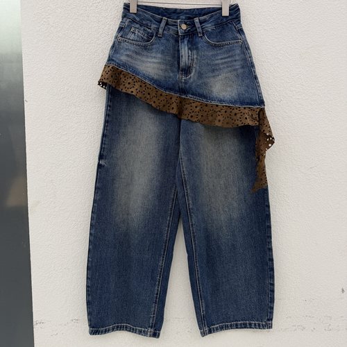 秋款N FASHION JEANS韩酷莱5599牛仔女假两件蕾丝屁帘弯刀裤2026