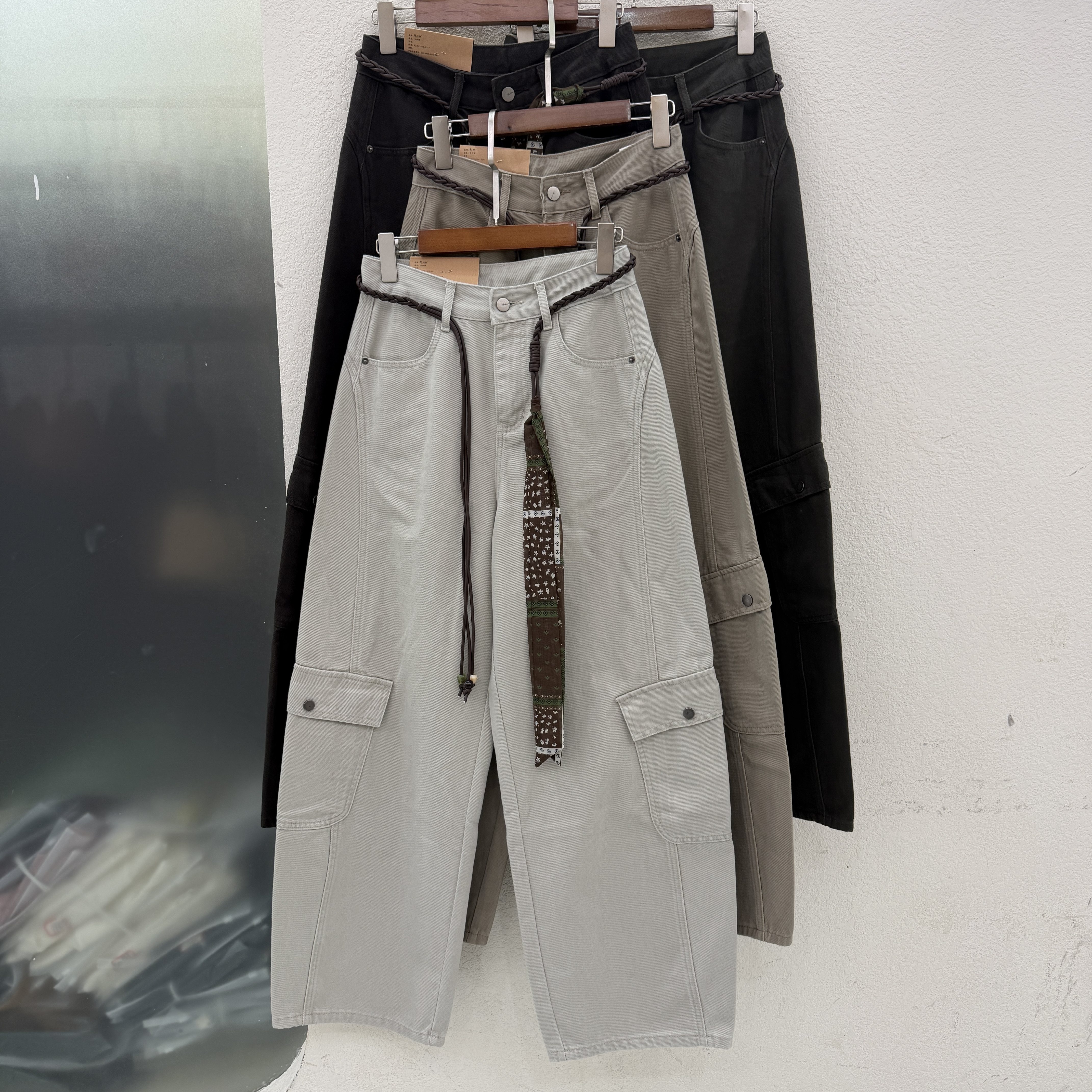 Jeans红提子19001 秋款韩版高腰显瘦个性工装裤女休闲宽松弯刀裤