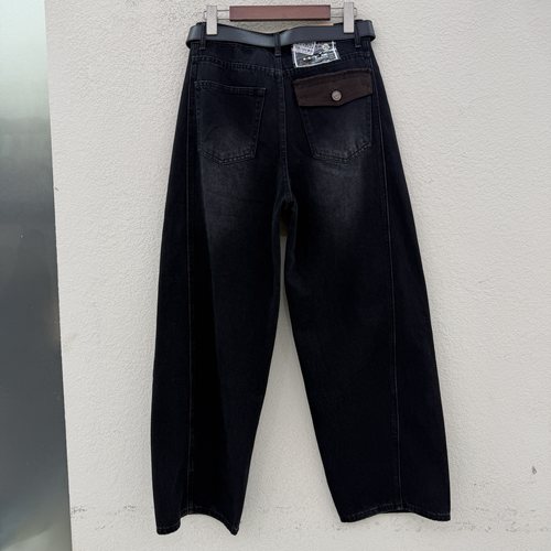 2026秋款JEANS红提子19093牛仔裤女高腰黑灰色弯刀裤翻盖香蕉裤