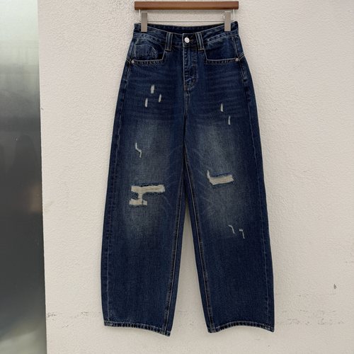 2026秋款JEANS红提子19059牛仔裤女高腰破洞休闲水洗弯刀裤拖地裤