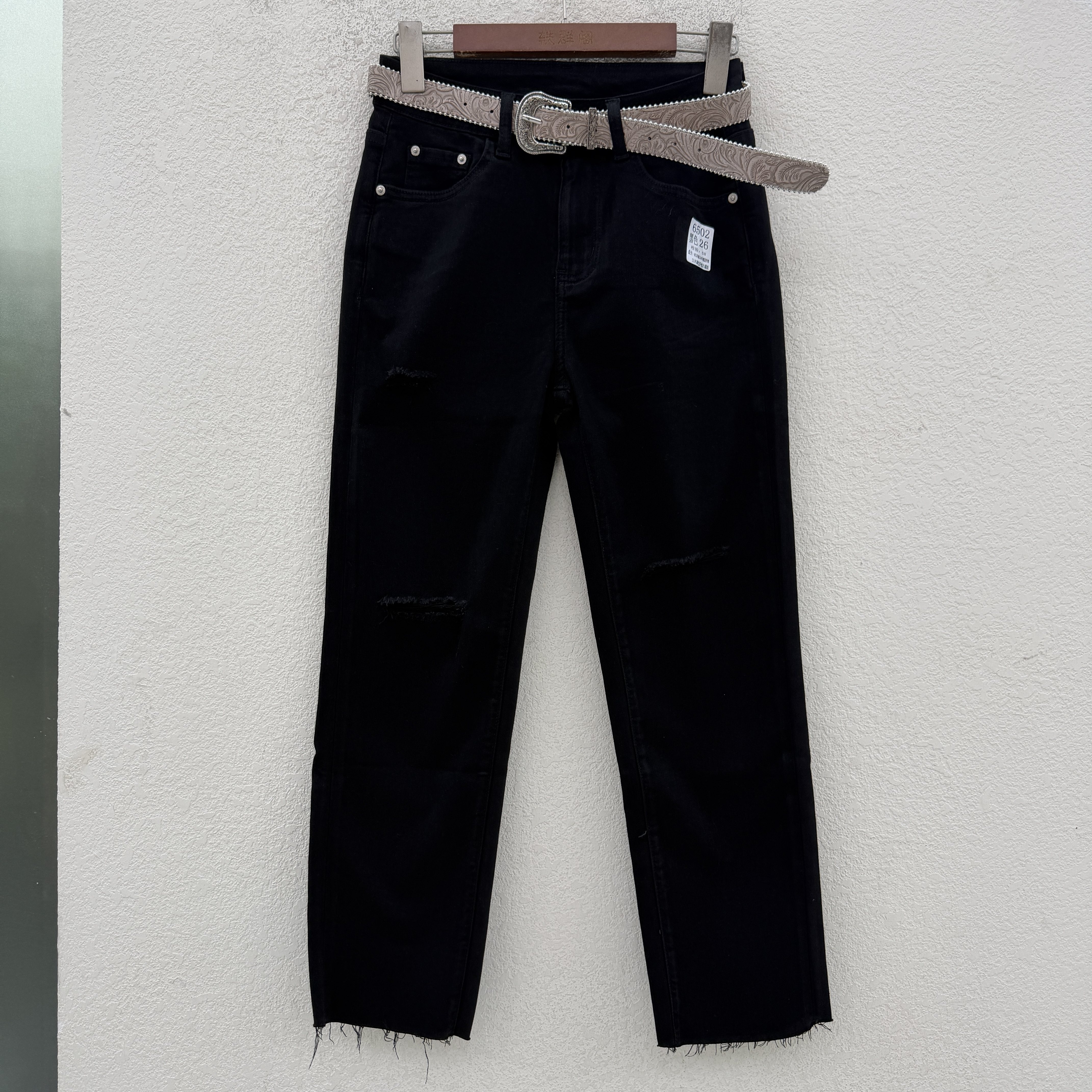 JEANS夏款绿青蛙6502黑色破洞显瘦九分烟管裤高腰弹力女牛仔裤薄