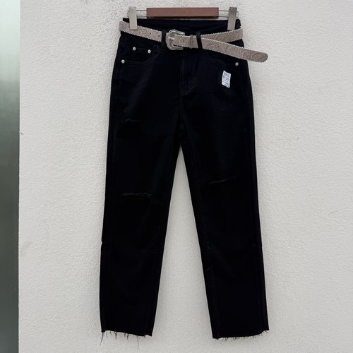JEANS夏款绿青蛙6502黑色破洞显瘦九分烟管裤高腰弹力女牛仔裤薄