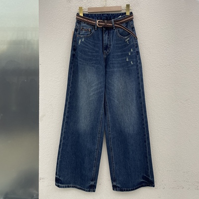 JEANS倩小妞 佑度18974牛仔裤女蓝色刺绣花纹直筒裤欧货高腰拖地