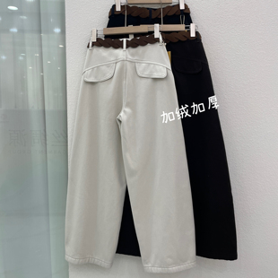 jeans冬新款 韩酷莱22818欧货高腰女牛仔加厚复合绒休闲阔腿弯刀裤