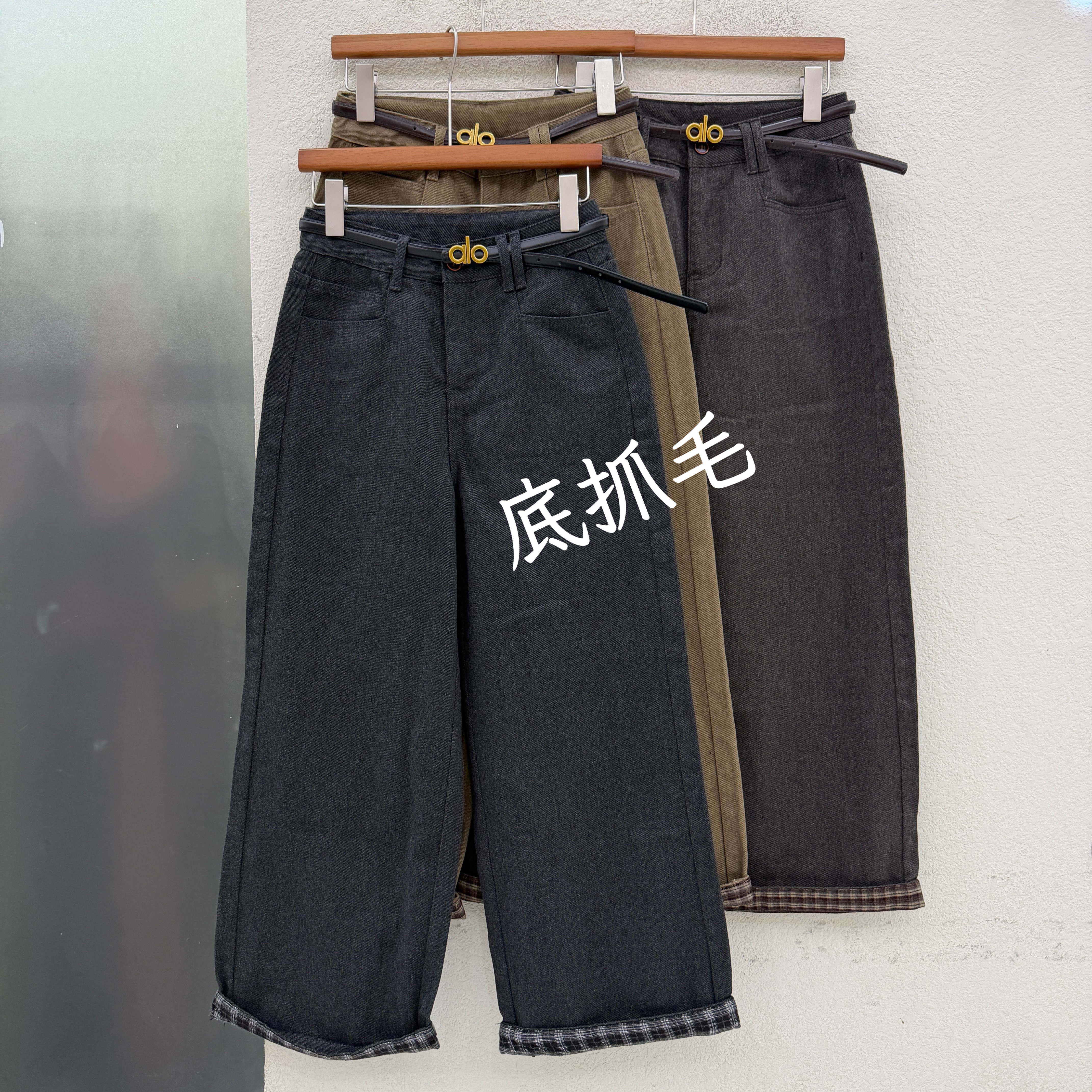 欧货正品JEANS红提子19199牛仔女格子卷边磨毛薄绒阔腿裤2026冬款