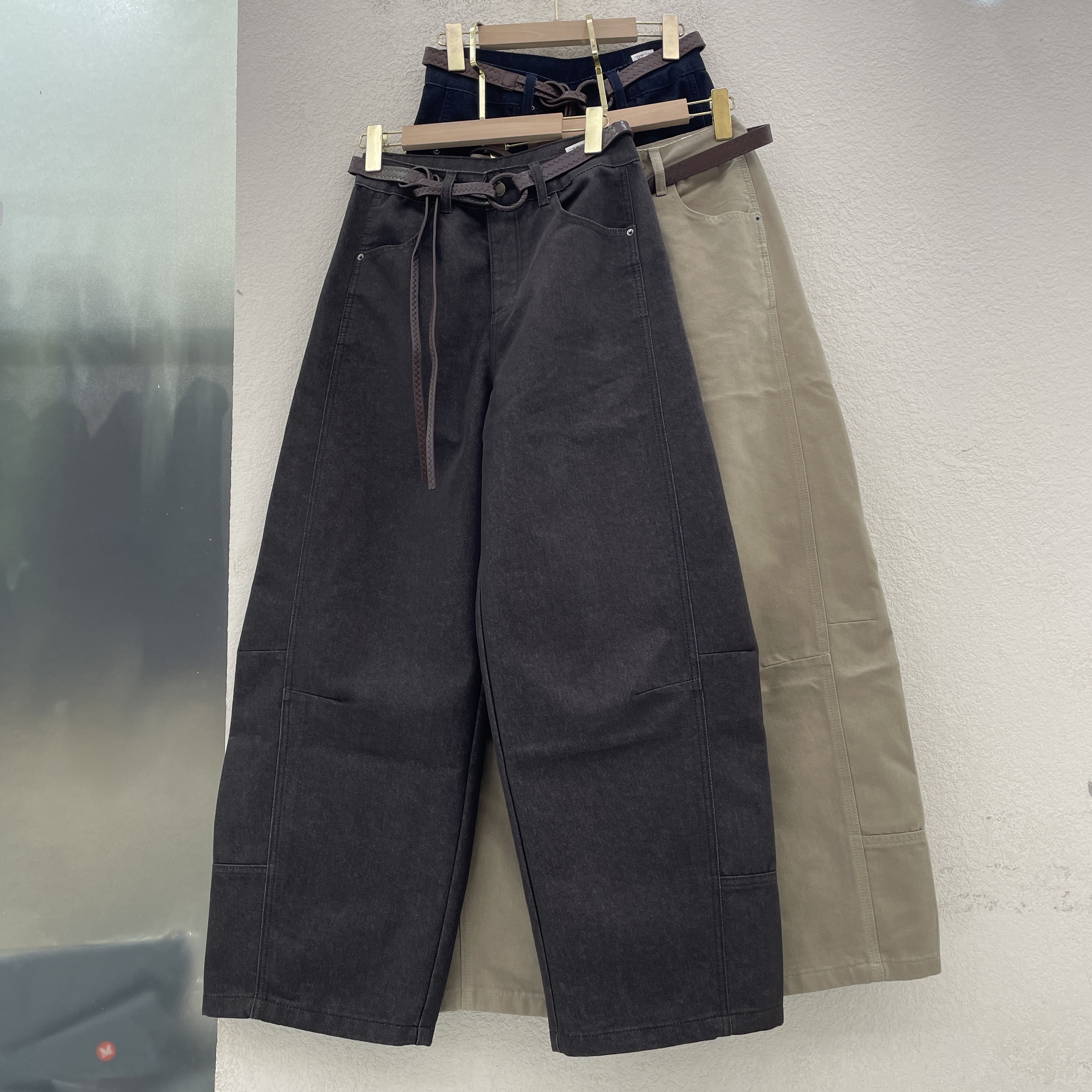 JEANS缘典25828牛仔裤女茶杏色高腰压线弯刀裤垂感拖地香蕉裤欧货