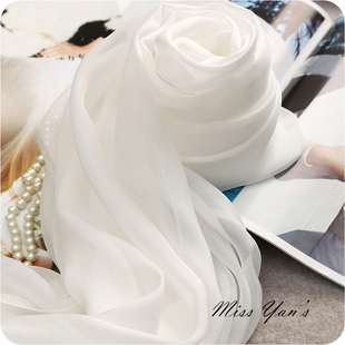 百搭薄款 披肩纱巾 真丝围巾女春秋冬夏季 纯白色100%桑蚕丝丝巾长款