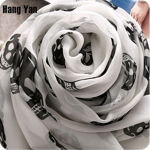 白底骷髅头真丝丝巾100%桑蚕丝围巾长款女春秋冬夏季百搭披肩纱巾